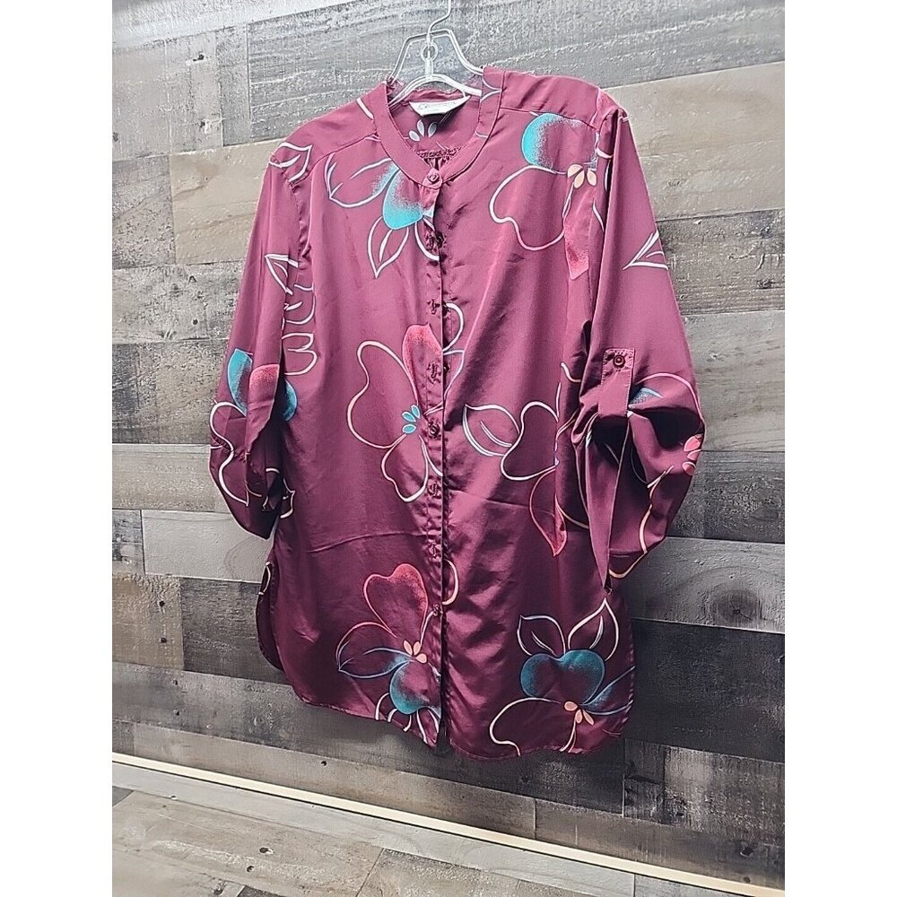 Women's Vintage Clothing Loubella Blouse Burgundy Floral Grandma Core Sz Small